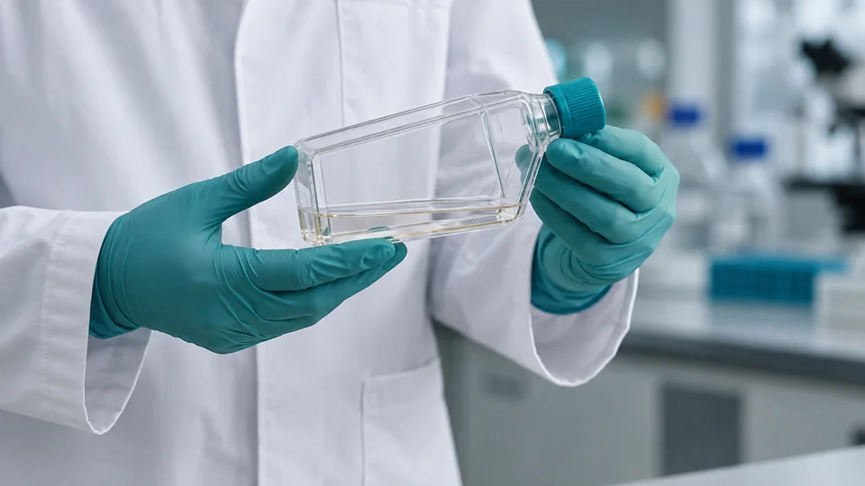 Conceptual research scene with cell-culture containers for a discussion of product quality checks.