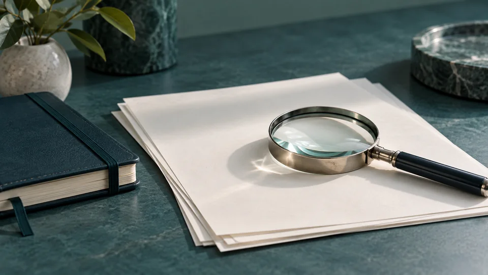 Blank research pages and a magnifying lens representing careful review of clinical evidence.