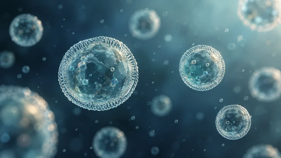 Conceptual illustration of small extracellular vesicles with translucent lipid membranes.
