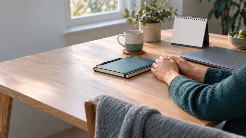 Fictional adult preparing for a remote follow-up conversation