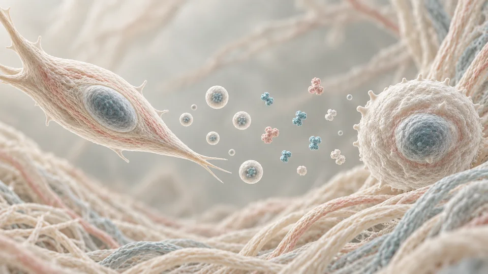 Conceptual stromal cell and recipient cell separated by vesicles and soluble signals