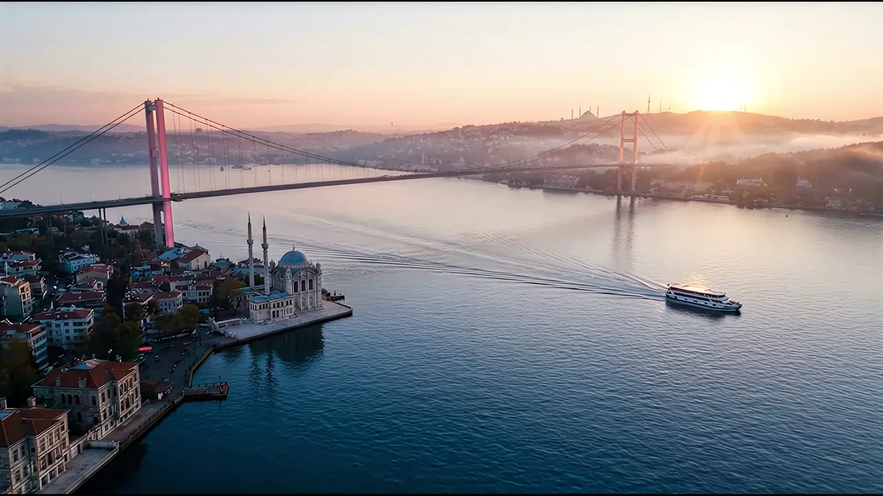 Aerial view of the Bosphorus at sunrise opening a film about stem cell care in Istanbul.
