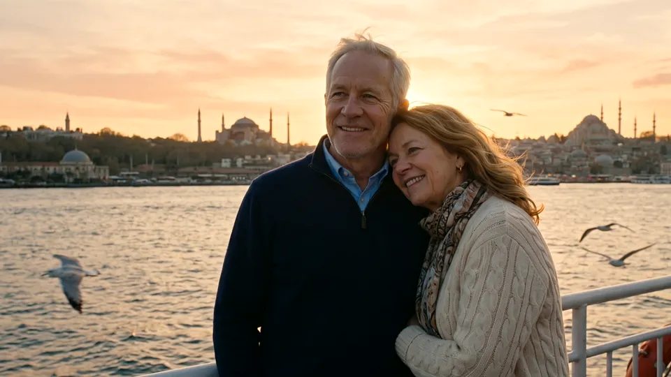The couple share a quiet moment on a Bosphorus ferry at sunset