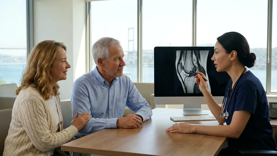 A physician explains a knee MRI to a patient and his wife in a clinic overlooking the Bosphorus
