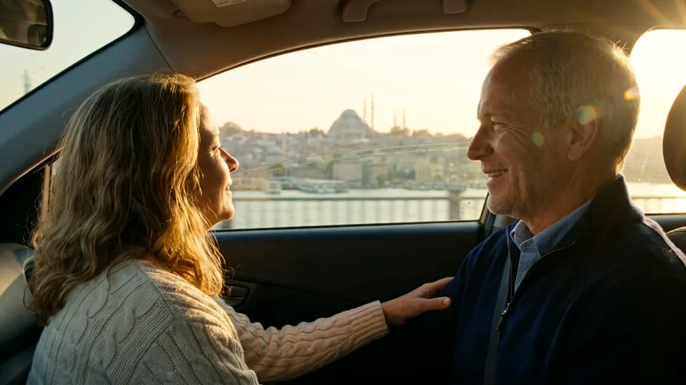 A couple look out at the Istanbul skyline from the back of a car at golden hour